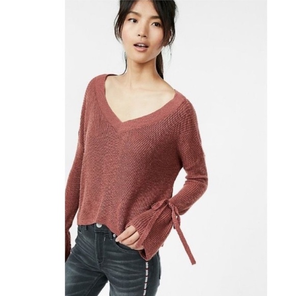 Express Tie Sleeve Split Back Cropped Sweater Pink Brown V Neck Oversized Knit - Picture 1 of 13
